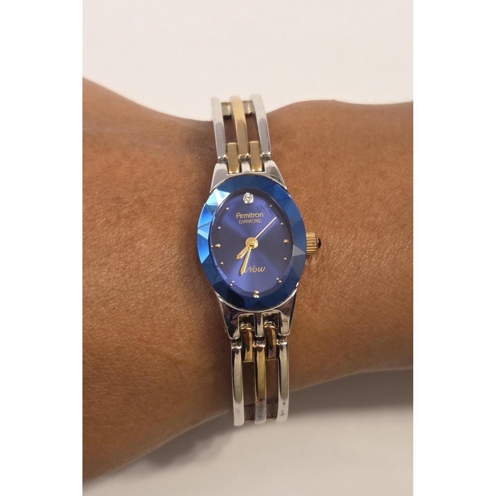 Blue Dial Armitron Diamond Now Watch for Women Silver & Gild Tone 7" New Battery